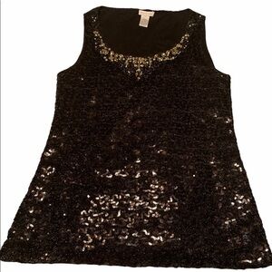 Cache Jeweled Neckline Black sequin Top NWOT